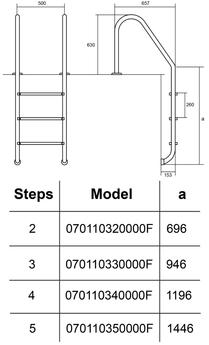 Drabinka do basenu Hayward Standard (2 stopnie), wąski brzeg, AISI-316 - obrazek 2