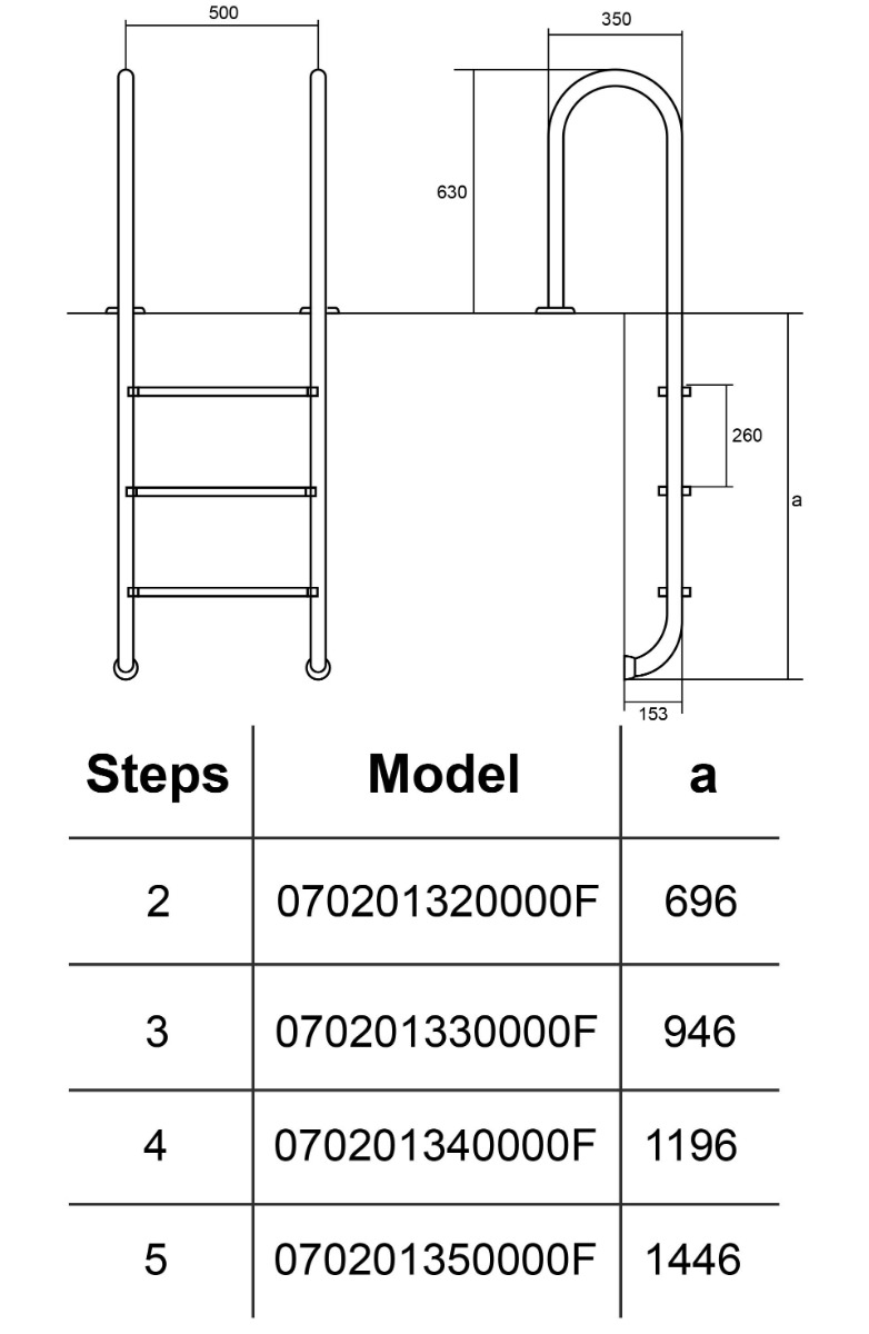 Drabinka do basenu Hayward Muro (5 stopni), wąski brzeg, AISI-304 - obrazek 2
