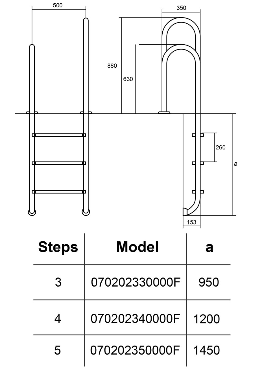 Drabinka do basenu Hayward Asymmetric Muro (3 stopnie), wąski brzeg, AISI-304 - obrazek 2