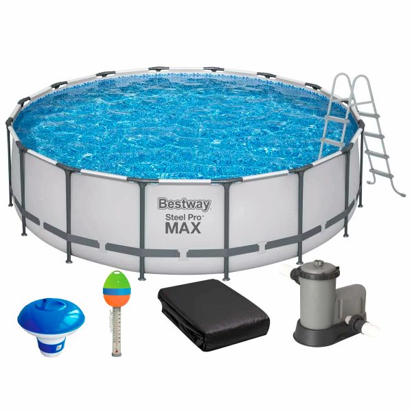 Basen stelażowy Bestway 5612Z z filtrem wkładowym, drabinką, pokrywą, termometrem i dozownikiem w zestawie