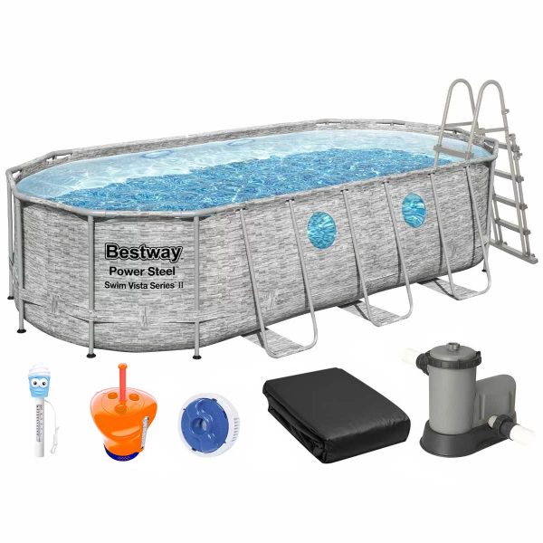 Basen stelażowy Bestway Rattan 56716 z filtrem wkładowym, drabinką, pokrywą, termometrem i dozownikiem w zestawie