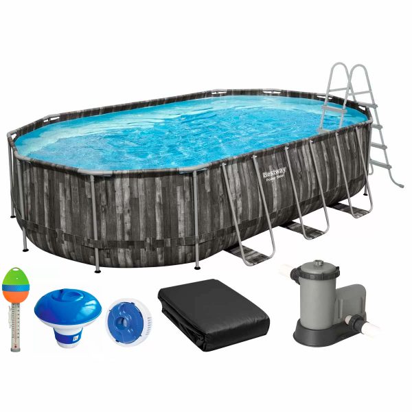 Basen stelażowy Bestway Wood Style 5611R z filtrem wkładowym, drabinką, pokrywą, termometrem i dozownikiem w zestawie