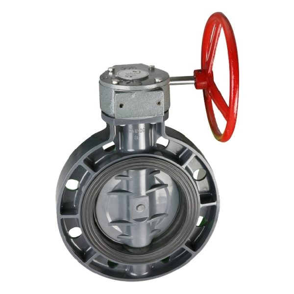 Zawór motylkowy międzykołnierzowy PVC Era z reduktorem, d200 mm