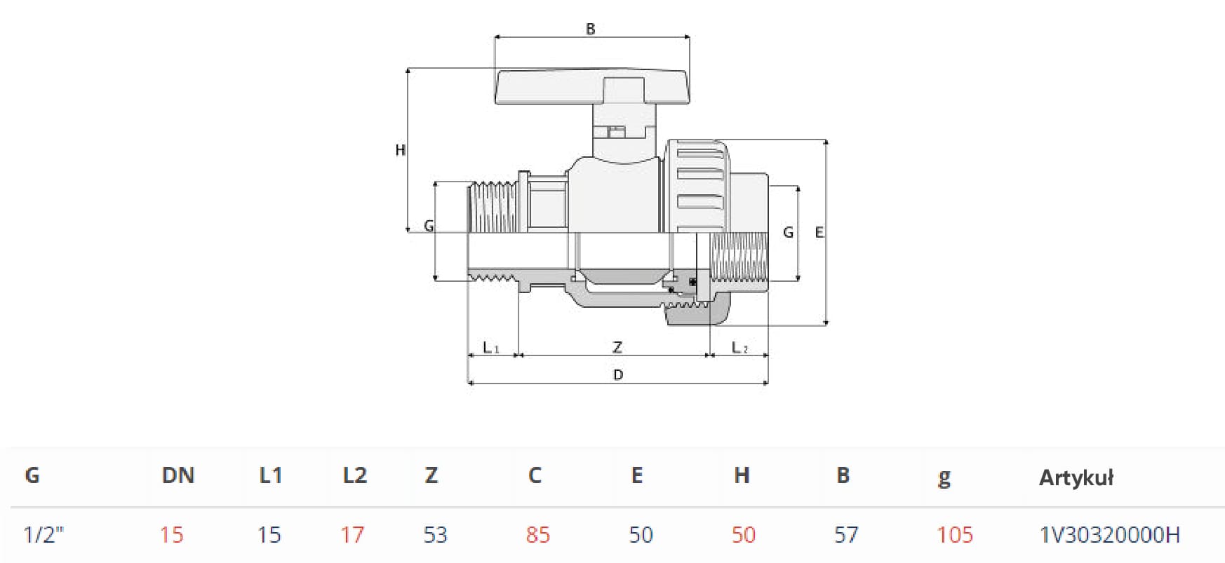 Zawór kulowy PVС Astore 1V30320000H, gwint wewnętrzny/zewnętrzny, d1/2" - obrazek 2