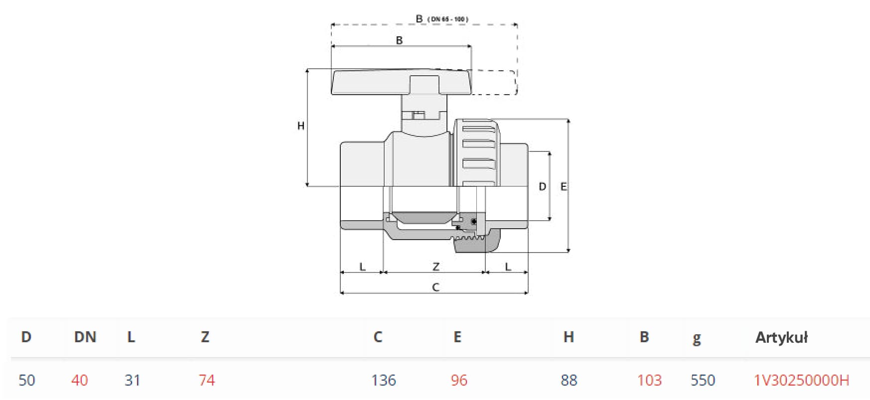 Zawór kulowy PVС Astore 1V30250000H klej/klej, d50 mm - obrazek 2