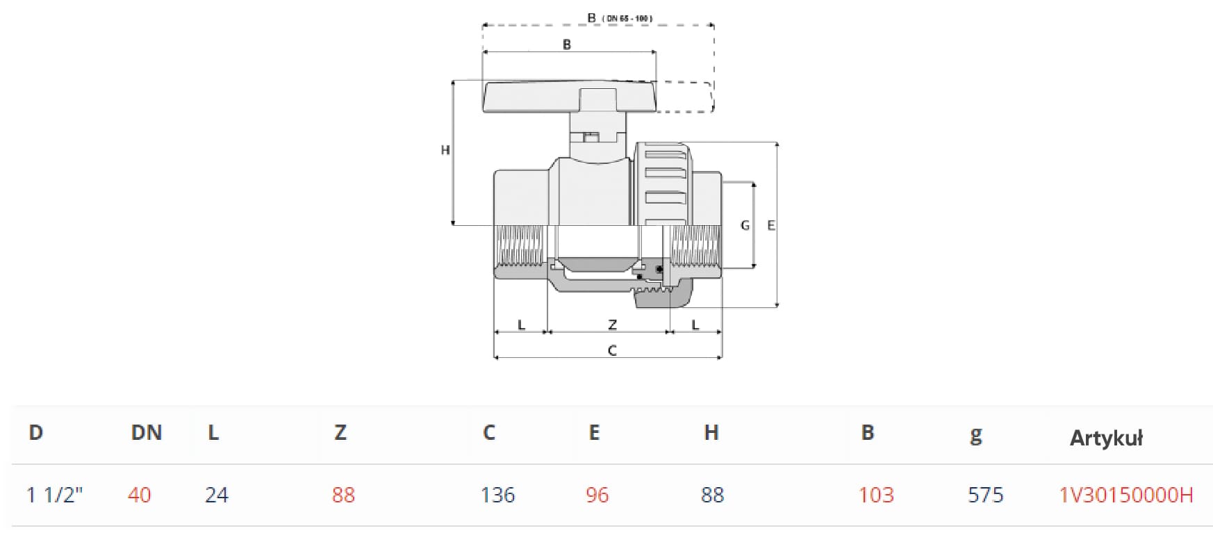 Zawór kulowy PVС Astore 1V30150000H z gwintem wewnętrznym, d1 1/2" - obrazek 2